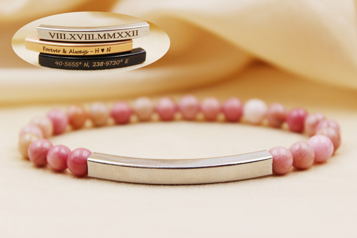 Personalized 6mm Rhodonite Beaded Bracelet