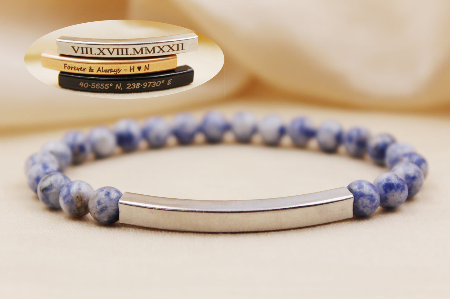 Personalized 6mm Blue White Sodalite Beaded Bracelet