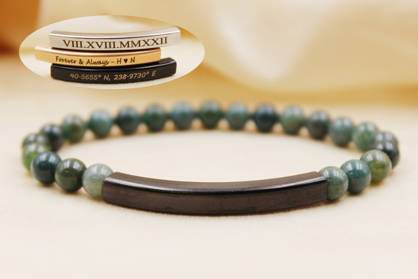 Personalized 6mm Moss Agate Beaded Bracelet