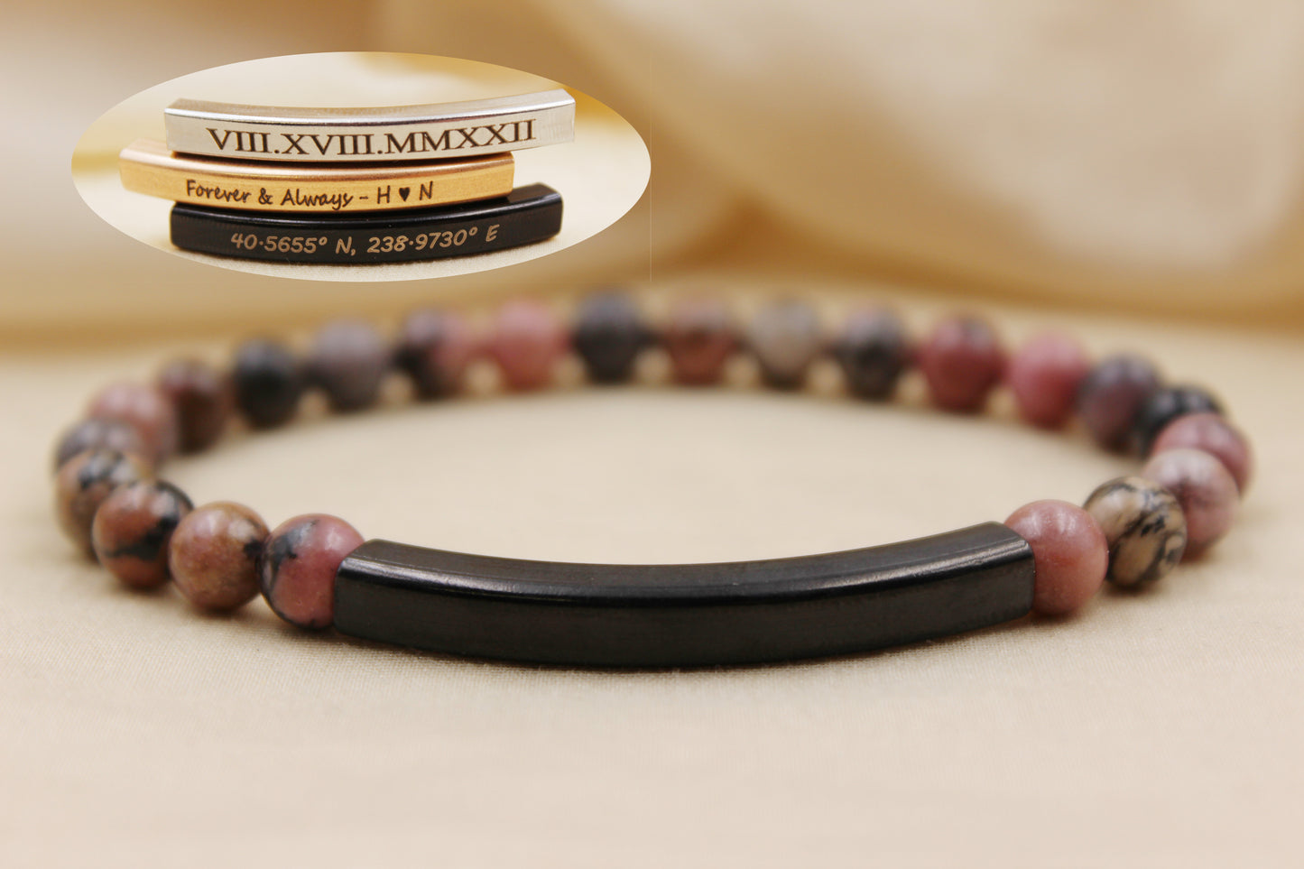 Personalized 6mm Rhodonite Beaded Bracelet