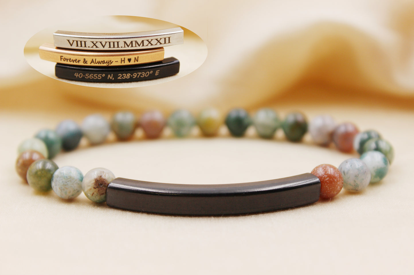 Personalized 6mm Indian Agate Beaded Bracelet